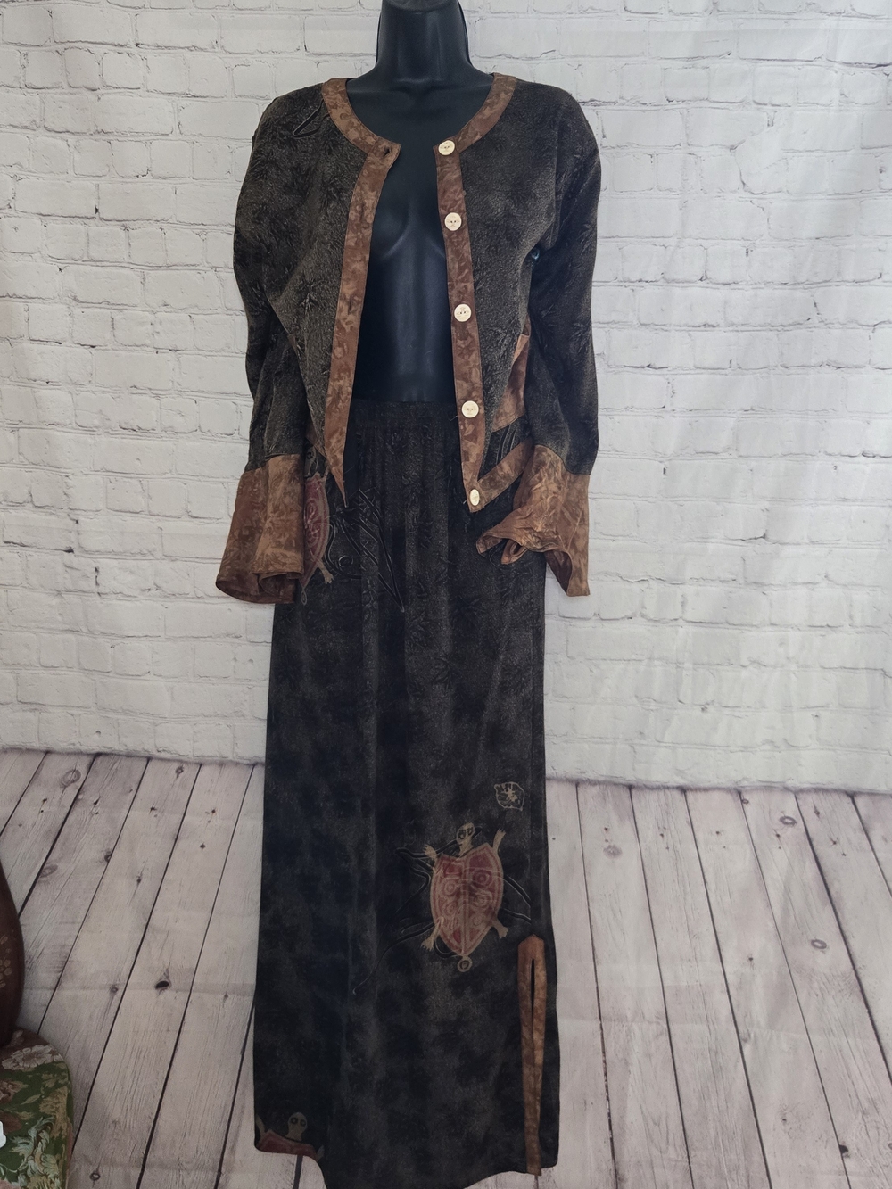 Vintage Kusnadi 90s Boho Art to Wear  Lagen SET Tribal Turtle Print Artsy Sz M‎